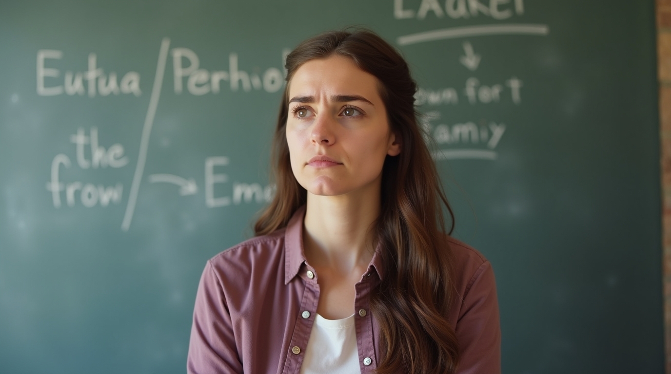 Referendarin vor Tafel mit ernster Miene – Thema Dienstunfähigkeit im Referendariat