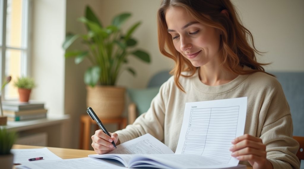 Referendarin beim Lernen mit Notizen Referendarin plant ihren Alltag mit einem Wochenplan