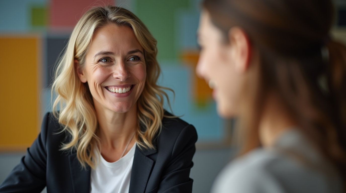 Beratungsgespräch mit Sabine Zwei Frauen im Gespräch, eine lächelt zugewandt